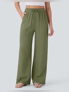HALARA High Waisted Drawstring Pocket Wide Leg Baggy Casual Linen-Feel Pants